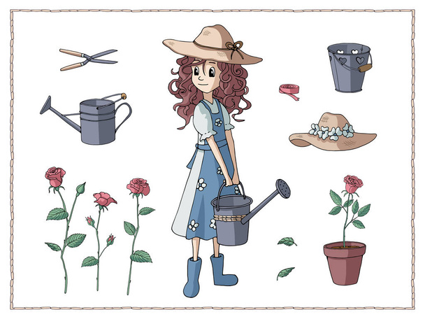 Cute cartoon girl wearing straw hat holds a watering can. Set of elements for growing roses (scissors, bucket, flower pot). Garden design. Vector illustration. Isolated objects on white background. - Vektori, kuva