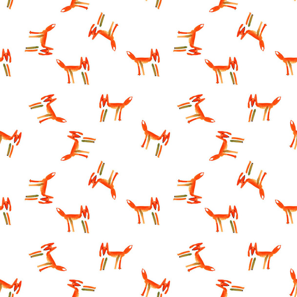 白地に赤い狐が孤立した素晴らしい水彩画の秋のパターン - 写真・画像