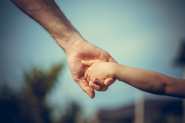 Το χέρι του πατέρα οδηγεί το παιδί του στην υπαίθρια φύση του καλοκαιριού, εμπιστοσύνη έννοια της οικογένειας. Πατέρες έννοια ημέρα. - Φωτογραφία, εικόνα
