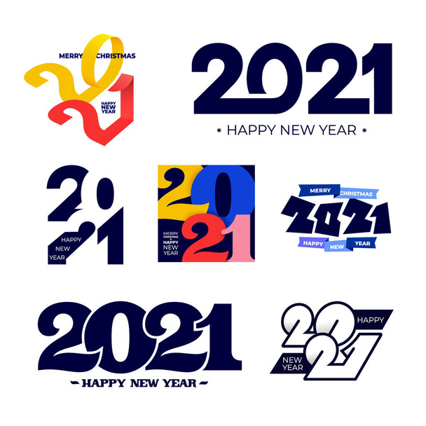 2021年あけましておめでとうございます。2021 Happy New Yearシンボルのセット。グリーティングカードアートワーク、パンフレットテンプレート。白い背景に隔離された青い休日のラベルのベクトルイラスト. - ベクター画像