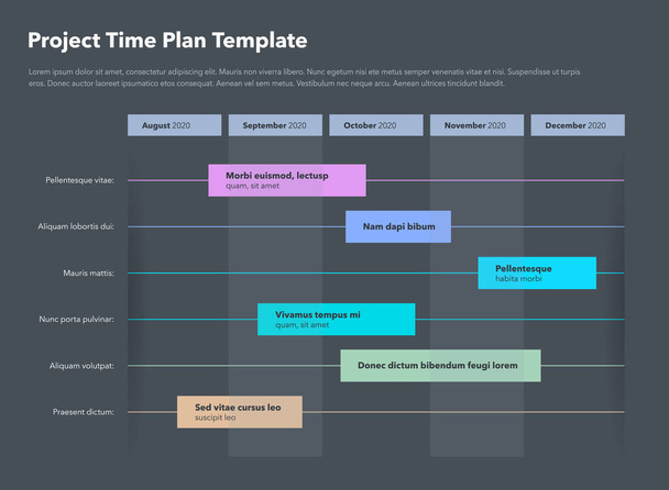 Einfache Zeitplanvorlage für Geschäftsprojekte mit Projektaufgaben in Zeitintervallen - dunkle Version. Einfach zu bedienen für Ihre Website oder Präsentation. - Vektor, Bild