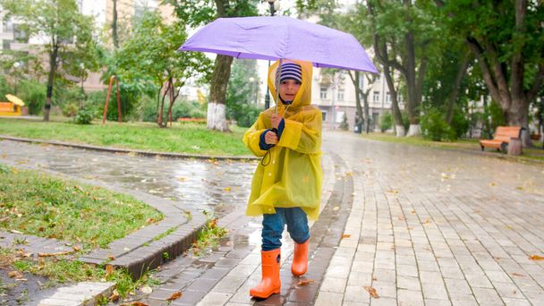 Retrato de menino bonito em capa de chuva segurando guarda-chuva e andando no parque
 - Foto, Imagem