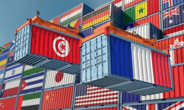 Frachtcontainer auf einem Terminal mit tunesischer und französischer Flagge. 3D-Rendering  - Foto, Bild
