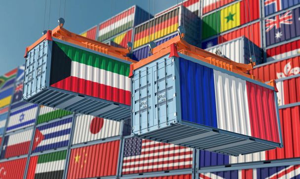 Вантажні контейнери на терміналі з прапором Кувейту і Франції. 3D Рендерінг  - Фото, зображення