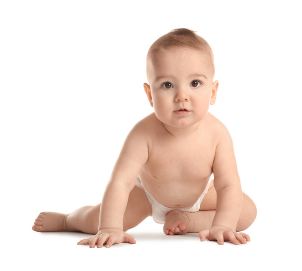Cute little baby in diaper on white background - Photo, Image
