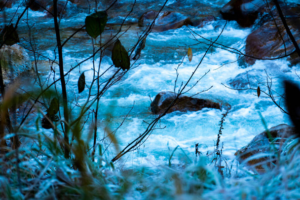 Поток течет между замерзшей травой
 - Фото, изображение