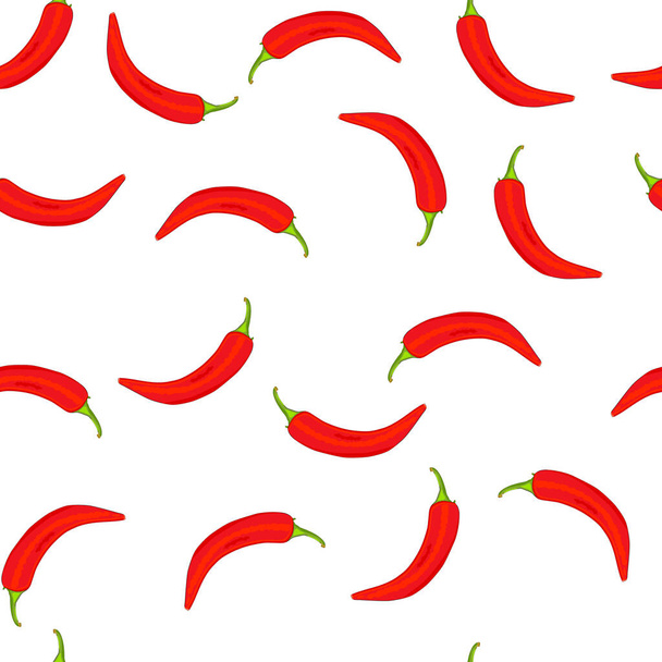 Chili pepers naadloos patroon. Textuur met kleine rode hete chili pepers op witte achtergrond. Cartoon paprika voor eco food achtergrond, wallpapers, verpakking en kleding ontwerp. Voorraadvector illustratie - Vector, afbeelding