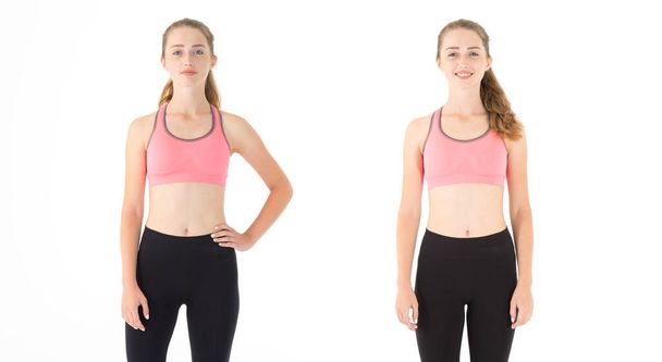 Two portrait of a young fitness girl isolated over white background. - Zdjęcie, obraz