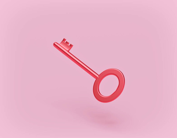 γυαλιστερό κόκκινο κλειδί απομονωμένο σε παστέλ ροζ φόντο. απλή ιδέα. 3d απόδοση - Φωτογραφία, εικόνα