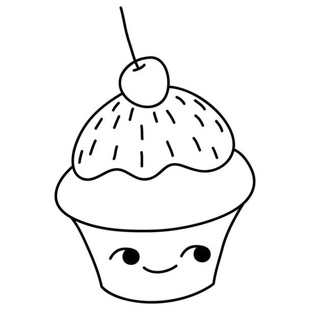 A kawaii cupcake image for relaxing activity.A coloring book,page for children,black and white image. - Vektor, kép