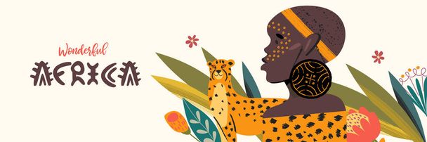 Un África maravillosa. Retrato de un joven africano de perfil. Flores exóticas y un guepardo entre hojas tropicales. Ilustración vectorial, banner
. - Vector, Imagen