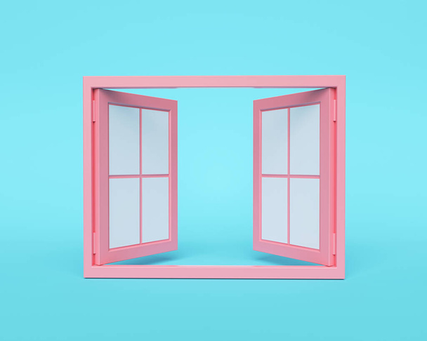 pastelově růžové otevřené okno izolované na modrém pozadí. minimální styl. 3D vykreslování - Fotografie, Obrázek