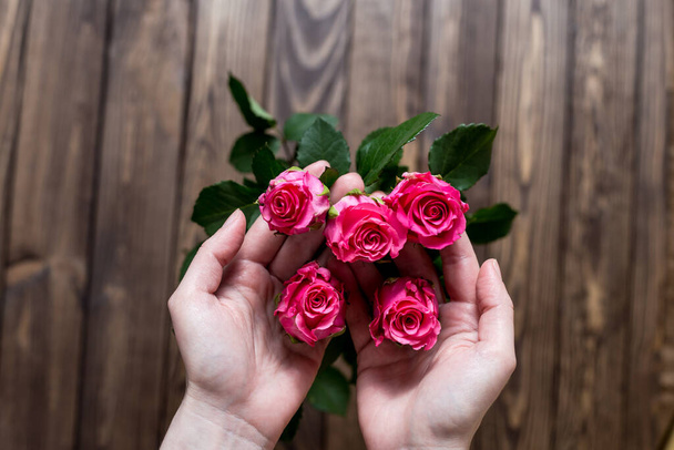 Czerwone róże w rękach dziewczyny. Prezent dla ukochanej. karta na Walentynki. deklaracja miłości. - Zdjęcie, obraz