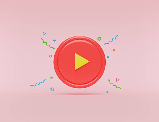 κόκκινο στρογγυλό κουμπί play με πολύχρωμες διακοσμήσεις που απομονώνονται σε παστέλ ροζ φόντο. Έννοια του βίντεο, αναπαραγωγή ήχου. 3d απόδοση - Φωτογραφία, εικόνα