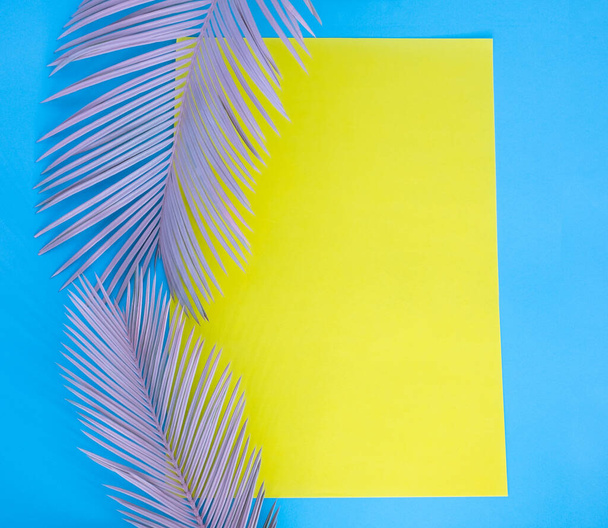 Yellow paper with pink tropical leaf. Blue background. - Fotografie, Obrázek