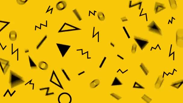 Retro abstrakti muotoilu keltainen kuvio tausta värikäs kolmiot, ympyrät, linjat ja siksakit. Memphis tyyli geometriset muodot. Silmukka. - Materiaali, video