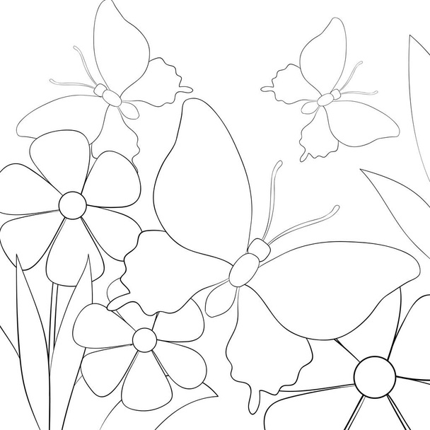 A nature landscape with flowers and butterflies image for relaxing activity.A coloring book,page for children,black and white image. - Διάνυσμα, εικόνα