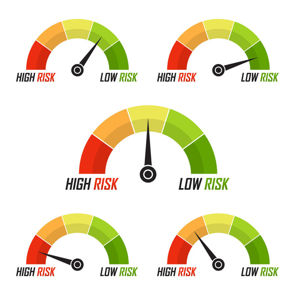 Set di icone del tachimetro a rischio in un design piatto. Misurazione del livello di rischio
 - Vettoriali, immagini
