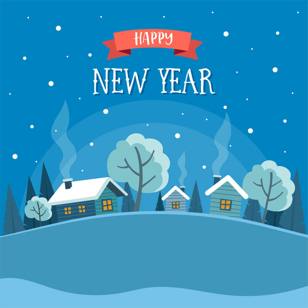 Boldog új évet üdvözlő kártya téli táj és aranyos kis házak és fák. Vektor illusztráció tervezési sablon betűkkel - Vektor, kép