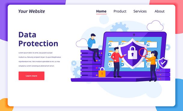 Data protection concept, people protecting data and files on a giant laptop. Modern flat landing page design for website and mobile website. Vector illustration - Vector, Image