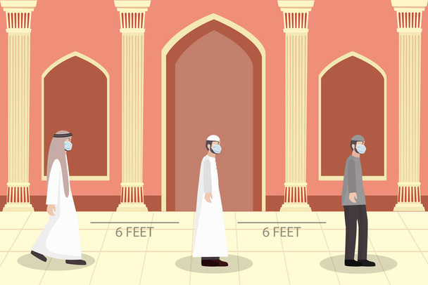 Social distancing at mosque. keep your distance in New normal Concept,People men wearing medical face. prevent pandemic of corona virus or COVID-19. Flat Vector illustration. - Vector, Image