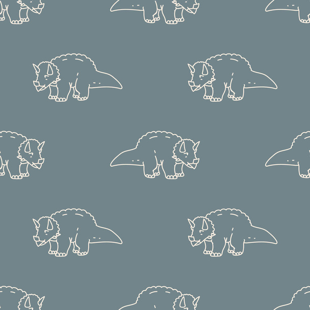 Seamless background simple Triceratops dinosaur gender neutral baby pattern. Whimsical minimal earthy 2 tone color. Kids nursery wallpaper or boho cartoon animal fashion all over print. - Vector, Imagen