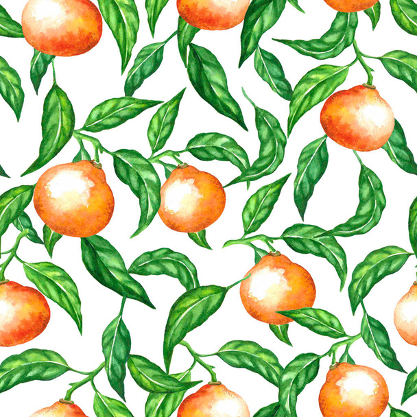 Tangerines fruits and green branches on a white background. Textile print, seamless citrus pattern. - Foto, imagen