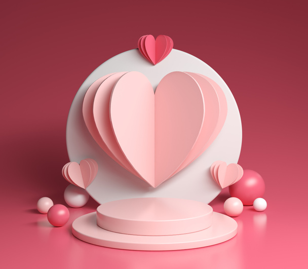 Abstraktní platforma Mockup s papírovým srdcem Pastel Pink Color 3D Render - Fotografie, Obrázek