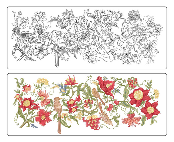 Fantasy flowers in retro, vintage, jacobean embroidery style. - Διάνυσμα, εικόνα