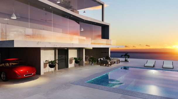 3D ilustrace moderního luxusního domu s výhledem na moře a bazénem. Moderní dvoupodlažní dům se sportovním autem na pozadí západu slunce. - Fotografie, Obrázek