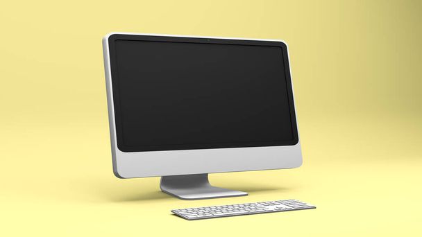 3D рендеринг, Крупный план компьютера и клавиатуры, пустое место для копирования, реалистичный макет на пастельно-желтом фоне
. - Фото, изображение