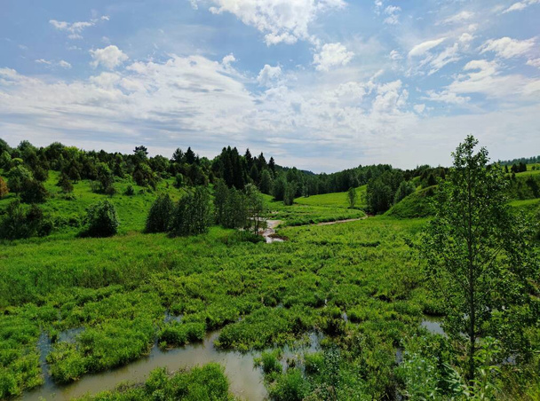 krásná slunná krajina s bažinaté a zvlněné kopce mezi zelenou trávou a stromy proti modré obloze s mraky - Fotografie, Obrázek