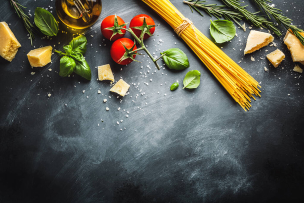 Italian food background with pasta and ingredients for cooking. View from above. Cooking concept - 写真・画像