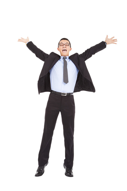 бизнесмен счастлив поднимать руки и прыгать
 - Фото, изображение