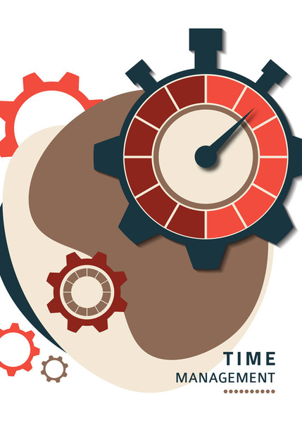時間管理の概念。効率性、生産性のための創造的なシンボル。サインストップウォッチ、ギア。フラットデザイン。ベクターイラスト - ベクター画像