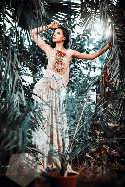 Gorgeous young woman wearing long evening fashionable dress posing in forest. Beauty and fashion concept - Photo, Image