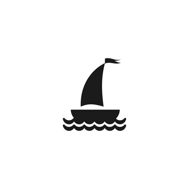 Silhouette of black boat with two sails and little waving flag on the top. Logo isolated on white background. Summertime marine icon. Vector illustration. - Wektor, obraz