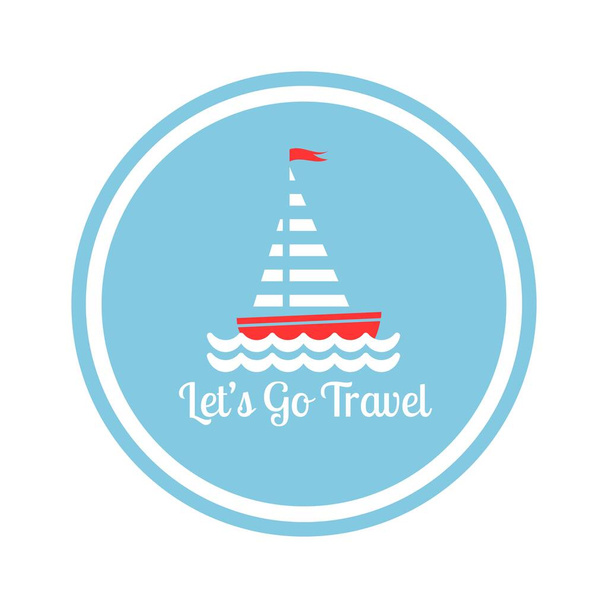 Flat white boat with sail and little waving red flag on the top in blue circle. Isolated on white background. Summertime marine greeting card with text Let's go travel. Blue color. Vector illustration - Vetor, Imagem