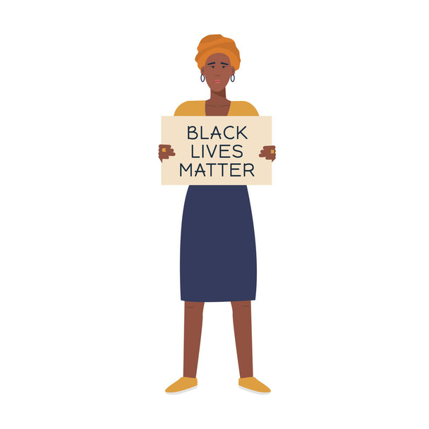 Σύγχρονη μαύρη γυναίκα διαμαρτύρεται κατά της βίας κρατώντας μια πινακίδα με μαύρους ανθρώπους ζει λεζάντα ύλη. Εκδήλωση. Διαμαρτυρία, επανάσταση, επίθεση. Διανυσματική επίπεδη απεικόνιση που απομονώνεται σε λευκό φόντο. - Διάνυσμα, εικόνα