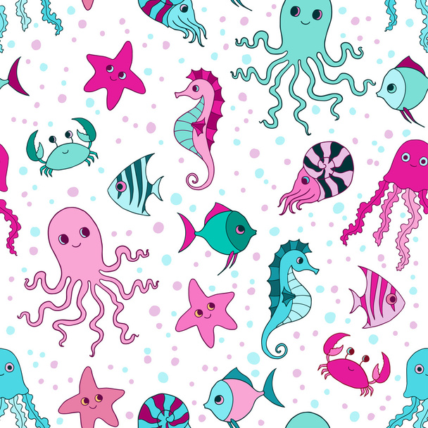 Sea creatures vector seamless pattern. - Vetor, Imagem