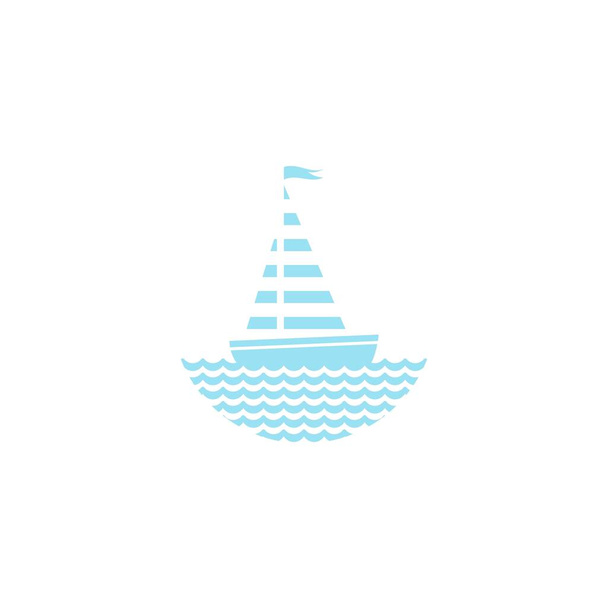 Flat aquamarine blue silhouette of boat with sail and little waving flag on the water. Isolated on white background. Summertime marine greeting card. Travel logo. Vector illustration. - Vektori, kuva