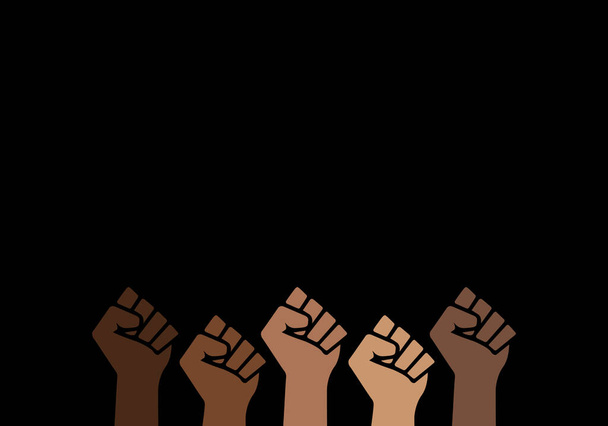 Black Lives Matter proud fsts, history pride month, copy space black background, prejudice discrimination activism minority illustration, african american, people of color, power, graphic design
. - Фото, изображение
