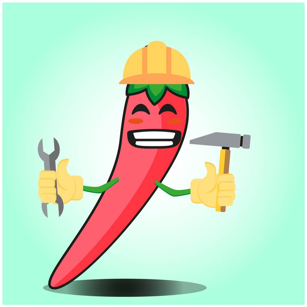 Cute mexican chili engineer cartoon face character with hat, wrench and flower hammer design - Vector, Imagen