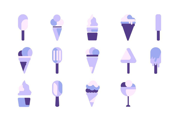 Conjunto de helado. 2D, estilo plano. Símbolos simples para el desarrollo de aplicaciones y diseño de sitios web. Alimentos congelados que contienen nata o leche. Conjunto de yogur helado, sorbete, sorbete. Ilustración vectorial
 - Vector, Imagen