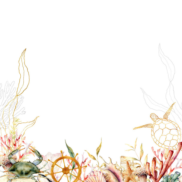 Акварель підводний каркас зі складом краба, черепахи і коралів. Ручна розписана ілюстрація з кораловими рифами ізольована на білому тлі. Водна ілюстрація для дизайну, друку або фону
. - Фото, зображення