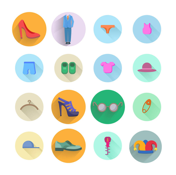 oblečení plochý ikona set s dlouhým stínem s šaty, boty, módní prvky, žena pata - Vektor, obrázek