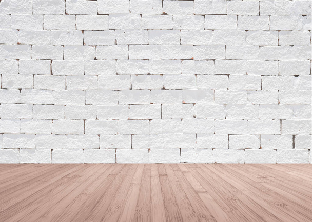 Τοίχος τούβλο βαμμένος σε λευκό με ξύλινο δάπεδο υφή φόντο σε φυσικό κόκκινο καφέ - Φωτογραφία, εικόνα
