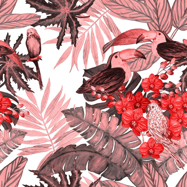 Watercolor seamless pattern with tropical flowers, leaves and birds. Hawaiian summer print. Exotic jungle animal illustration. - Foto, imagen