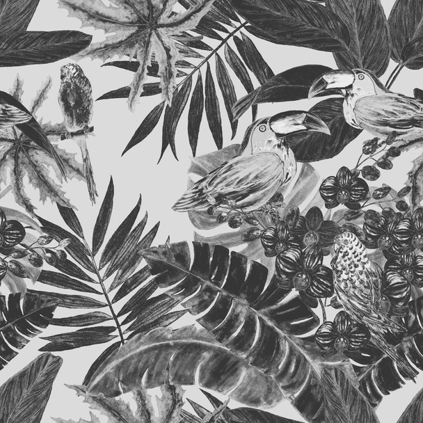 Watercolor seamless pattern with tropical flowers, leaves and birds. Monochrome. Hawaiian summer print. Exotic jungle animal wallpaper. - Foto, afbeelding
