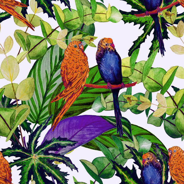 Tropical seamless pattern with watercolor jungle foliage and budgies. Hawaiian summer tropical illustration. Exotic natural print. - 写真・画像